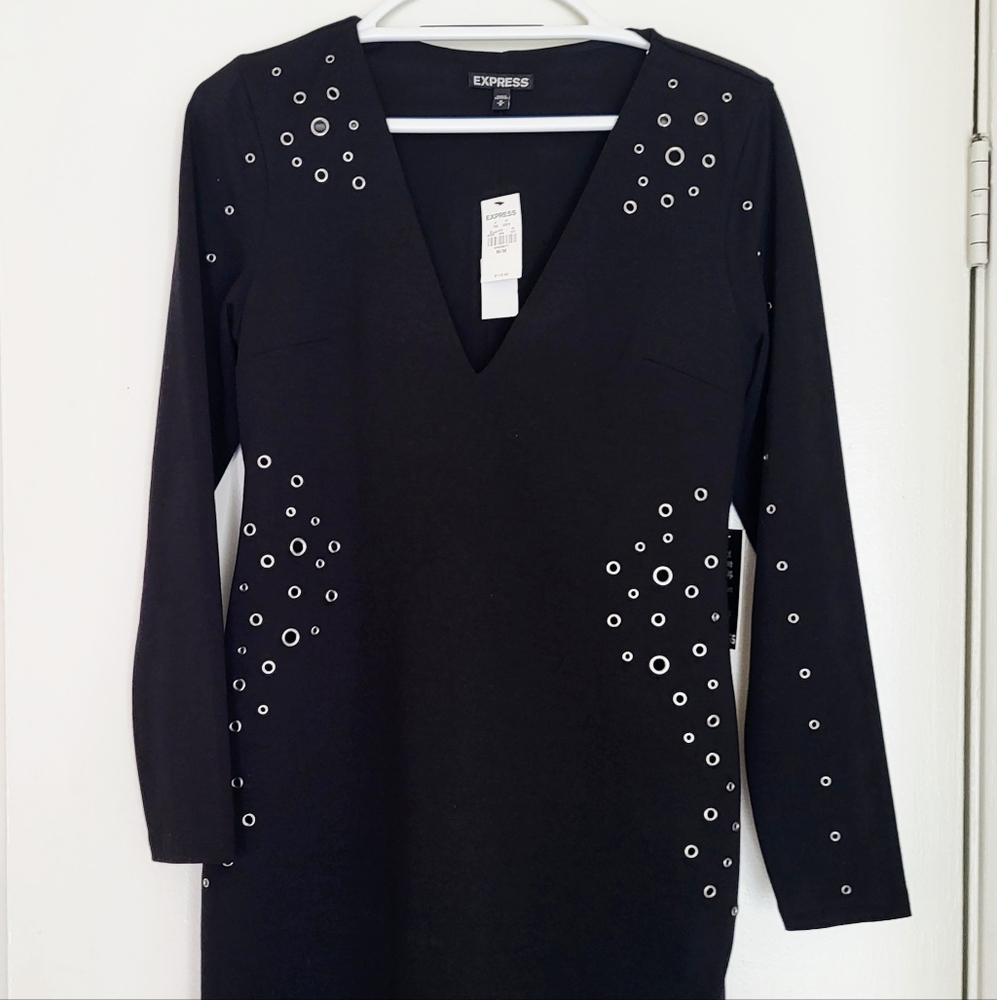 Express Dress Womens M Black Silver Grommet V-neck Stretch Evening